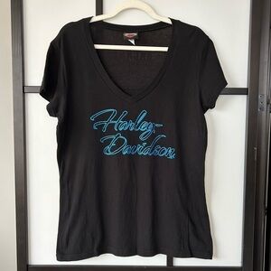 [XL] Blue Metallic Harley Davidson Logo On Black V Neck Pima Cotton Tee Women’s